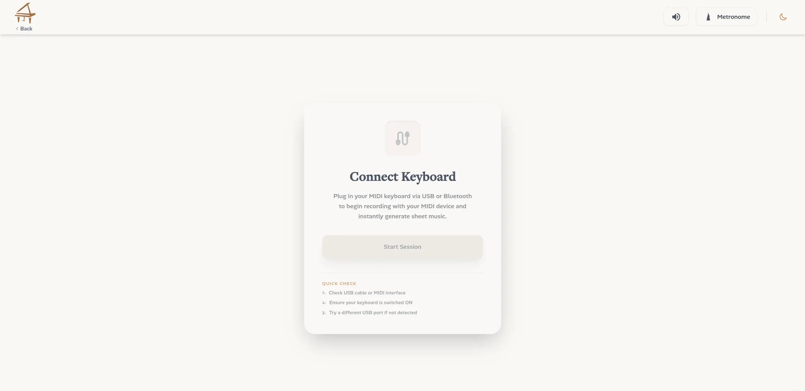 The Connect screen: device-status card before a session, and the note waterfall during one.