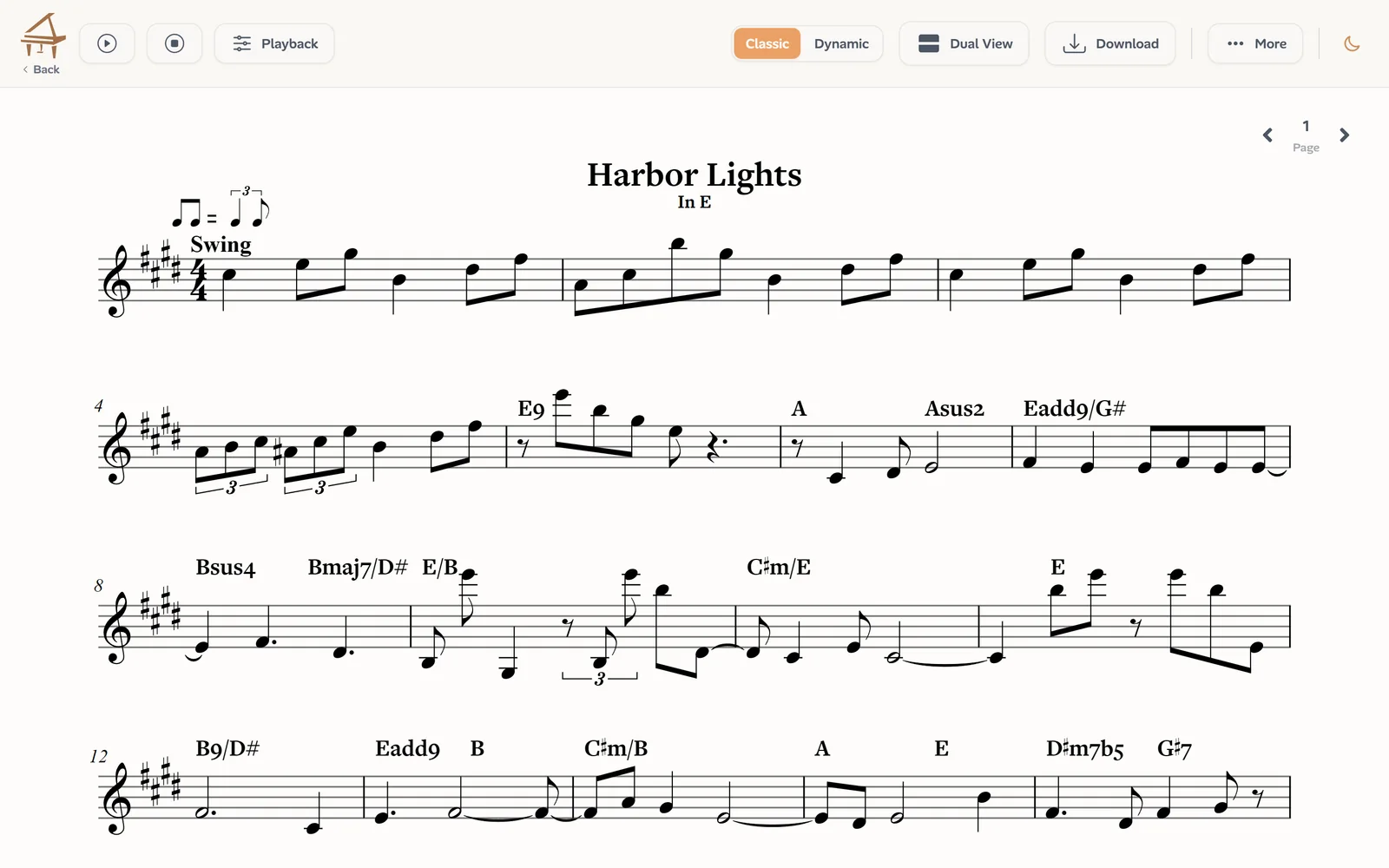 A lead sheet written by Ivory from a recording: the title, the melody on one staff and the chord symbols above it