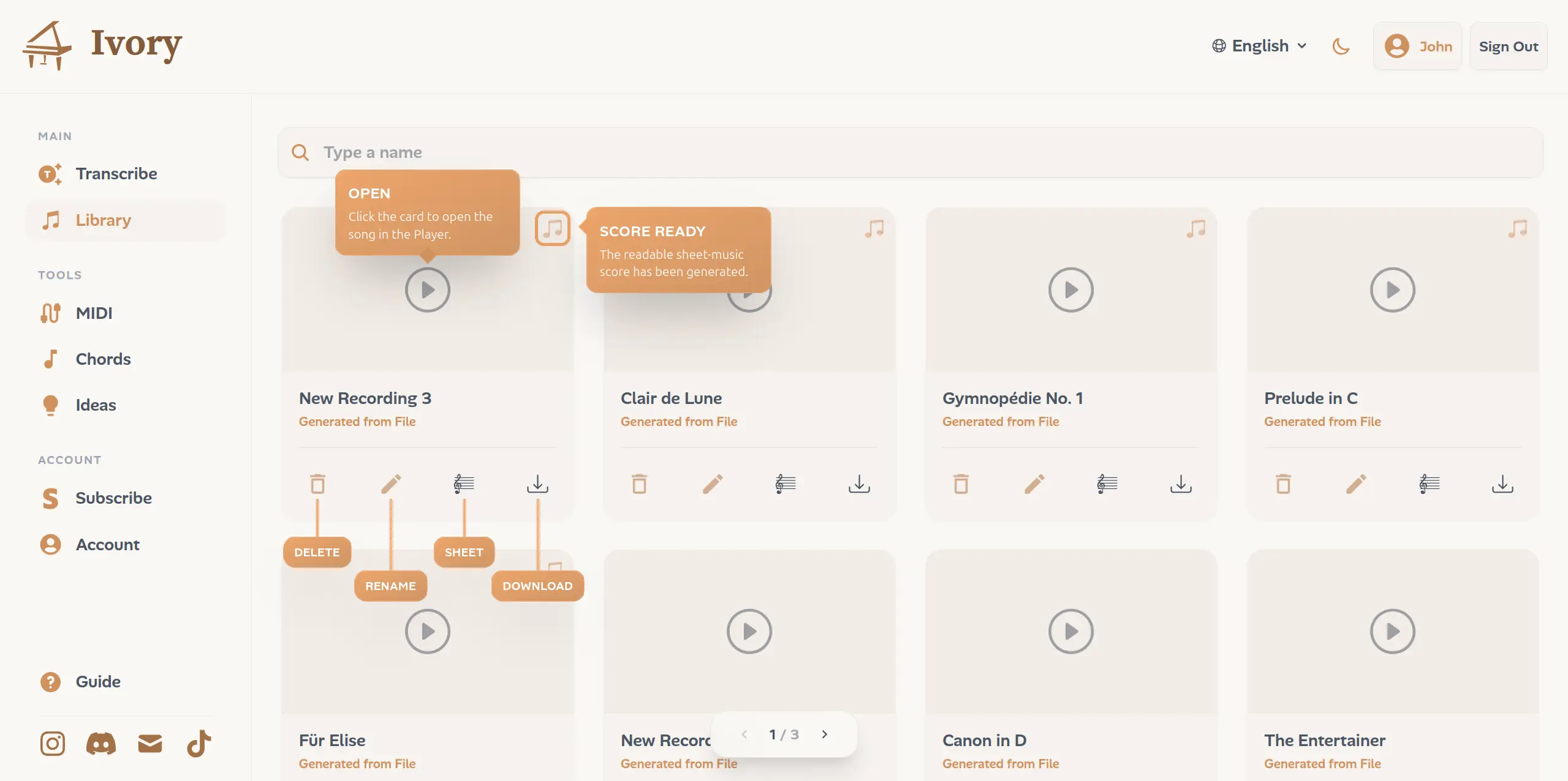The Library grid, with a song card's hover actions (open, sheet, download, rename, delete) called out.