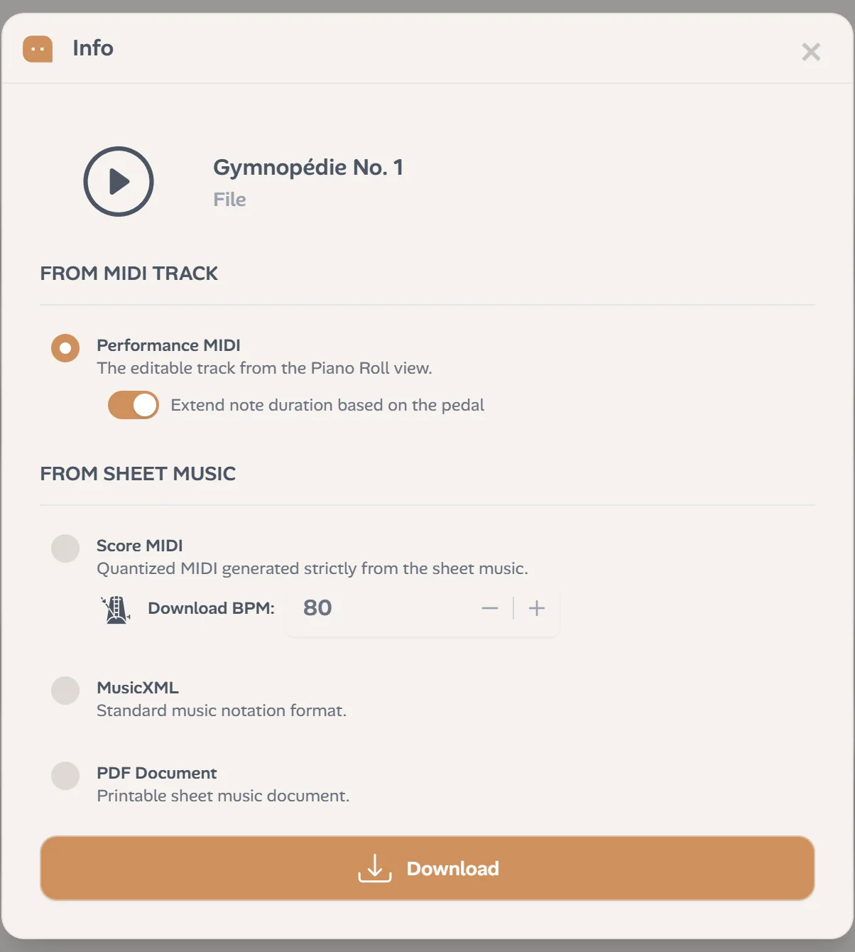 Ivory's download window: Performance MIDI with the pedal switch, Score MIDI with its tempo, MusicXML and PDF