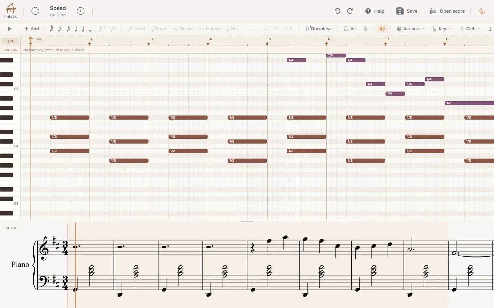 Ivory's editor: the notes of Gymnopédie No. 1 on a grid, above the score they make