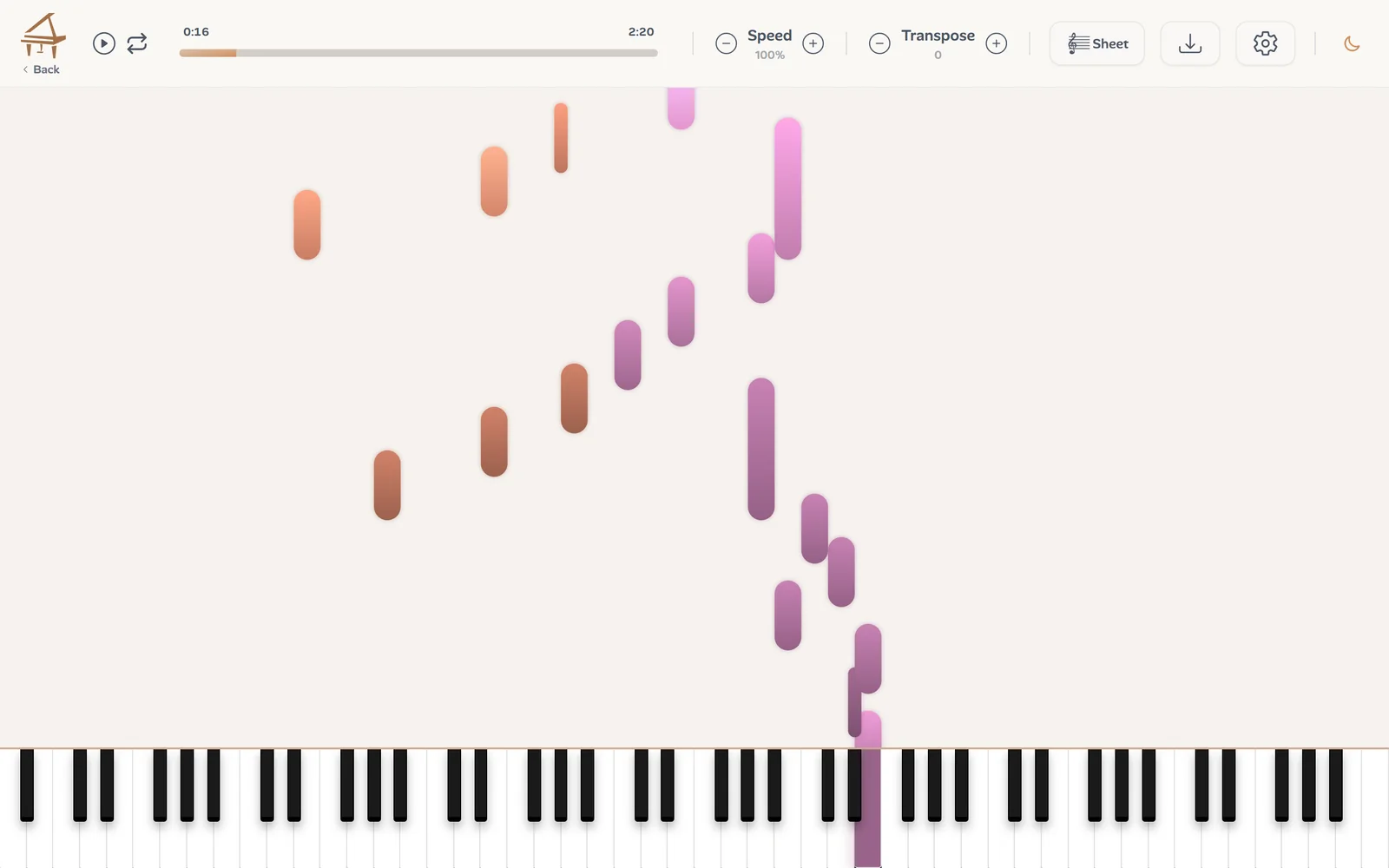Für Elise as falling notes in Ivory's player, the left hand in copper and the right hand in pink
