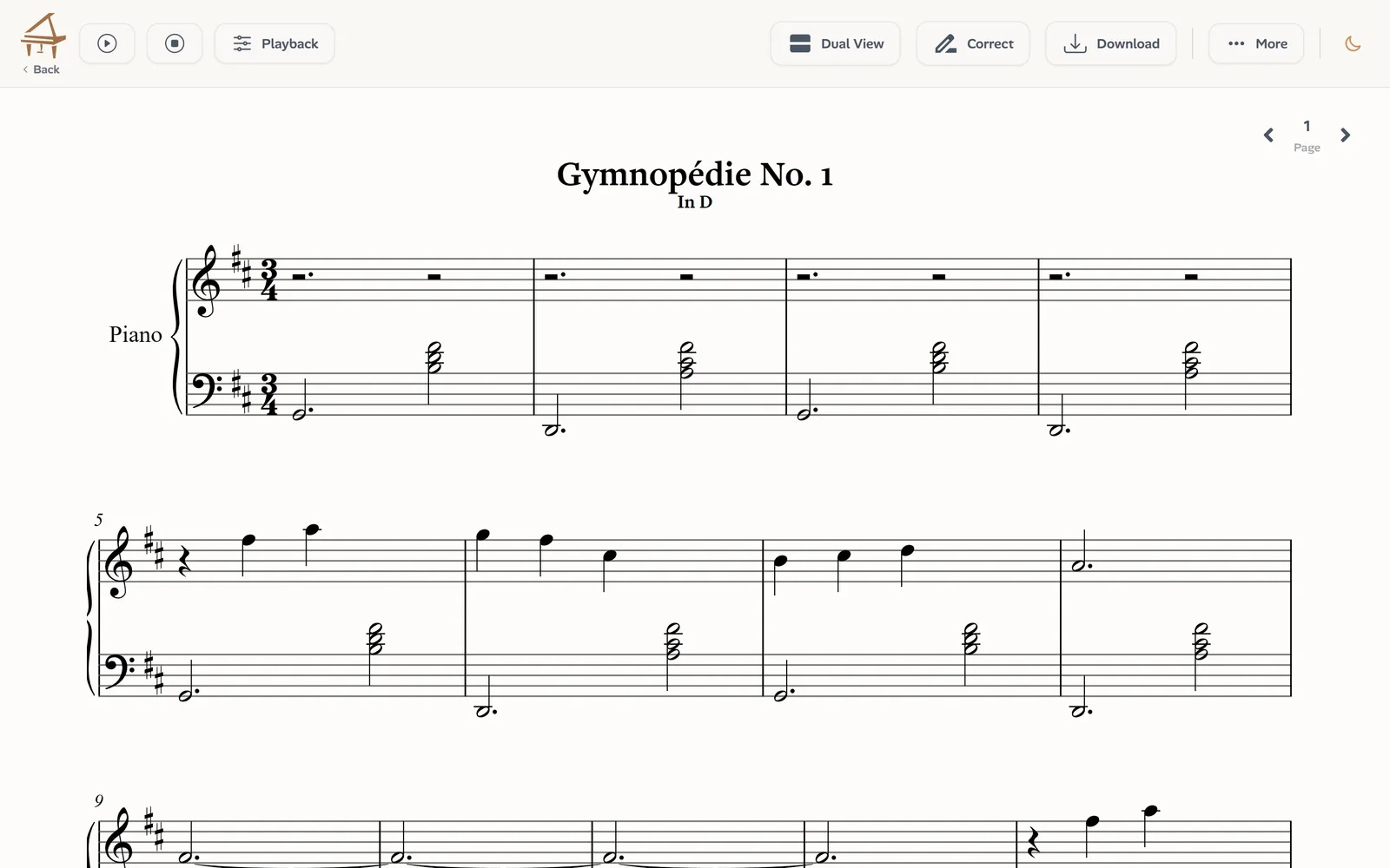 A piano score in Ivory's score view: two staves, with key, meter and beaming