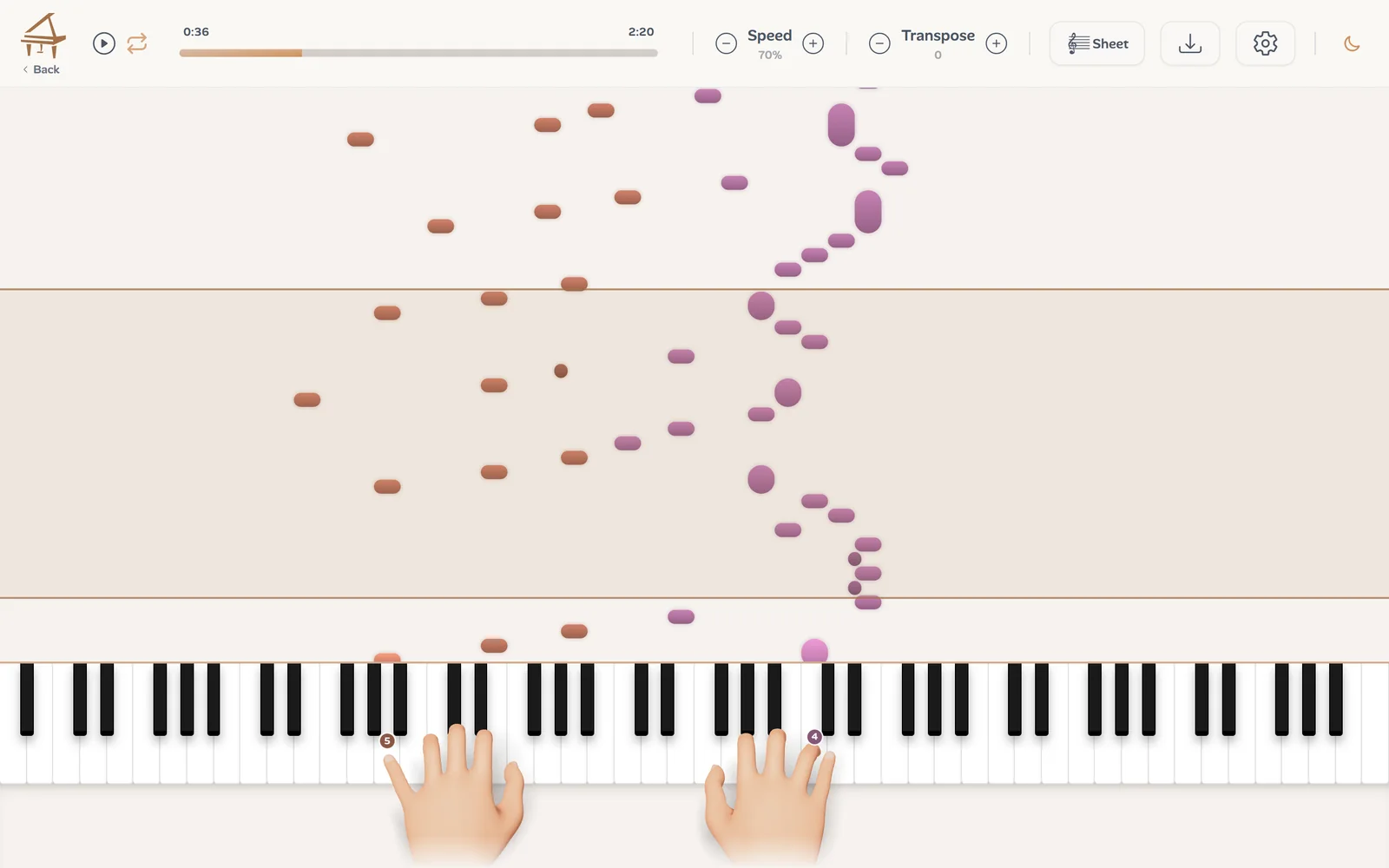 Choosing a passage to loop in Ivory's player: a band over the notes marks the bars that will repeat