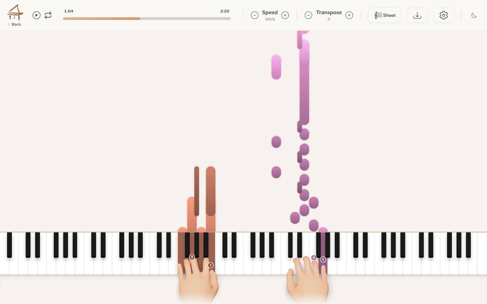 Für Elise in Ivory's player: notes falling onto a keyboard, played by two 3D hands with finger numbers