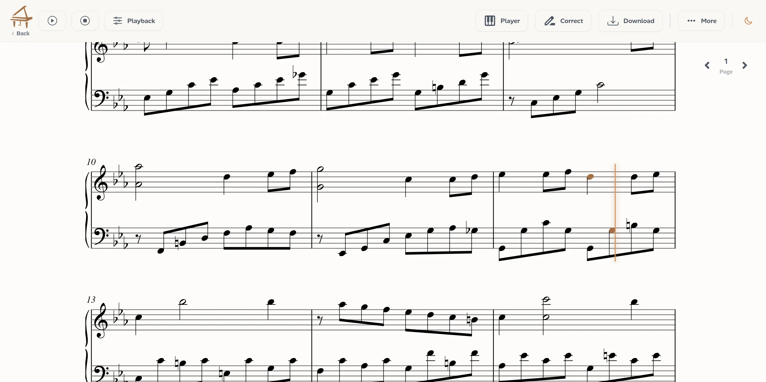 The Sheet view: the engraved score with playback controls in the header.