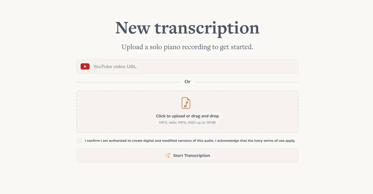 The Transcribe screen: the YouTube field and the file drop zone.